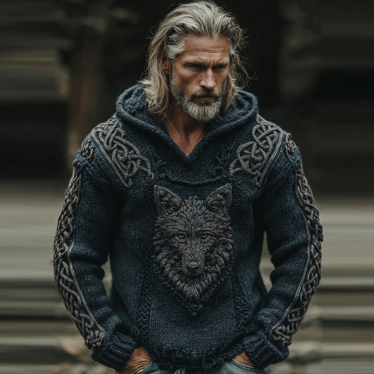 Men's Viking Wolf Celtic Knot Jacquard Knitted Hooded Sweater