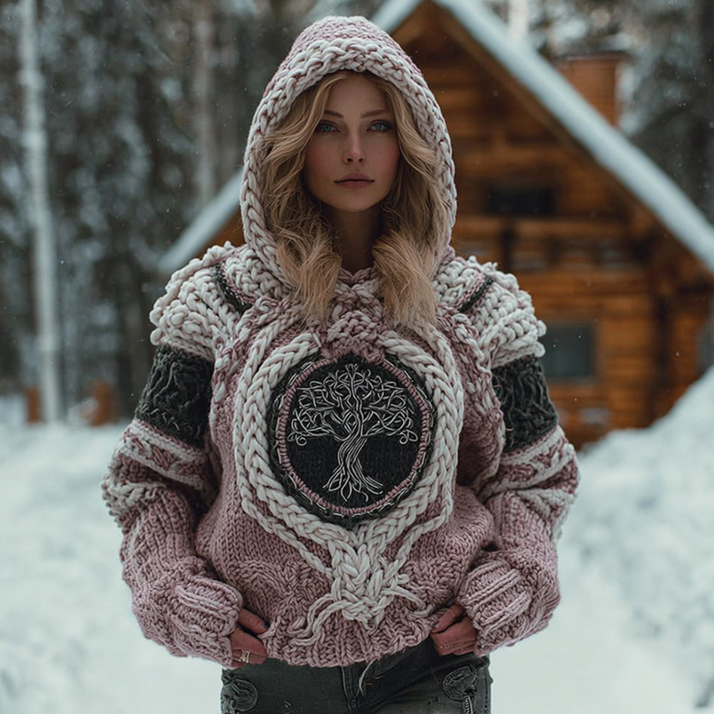 Women's Viking Style Tree Of Life Celtic Knot Contrasting Thick Hooded Sweater