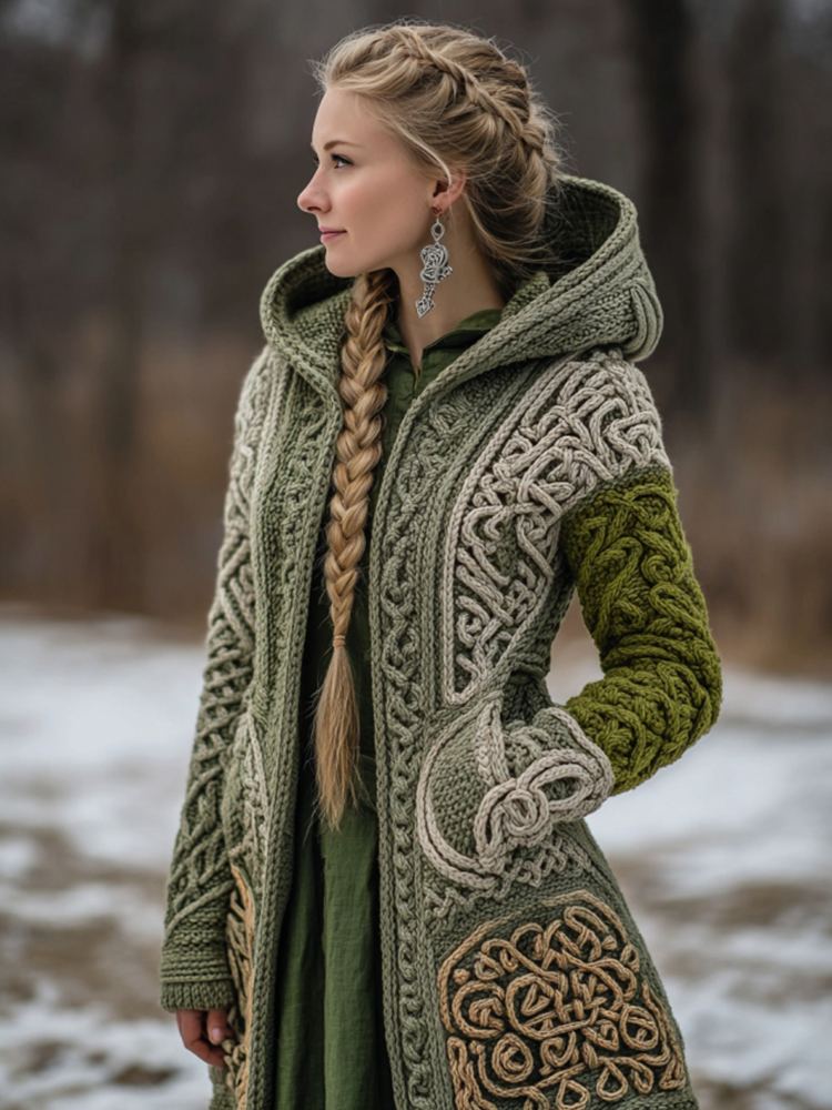 Women's Vintage Viking Celtic Knit Cozy Zipper Pocket Sweater Jacket