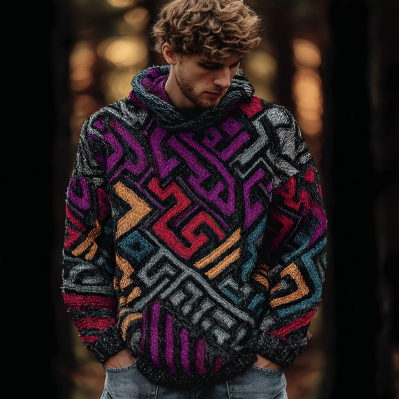 Men's Retro Geometric Line Embroidered Hooded Sweater