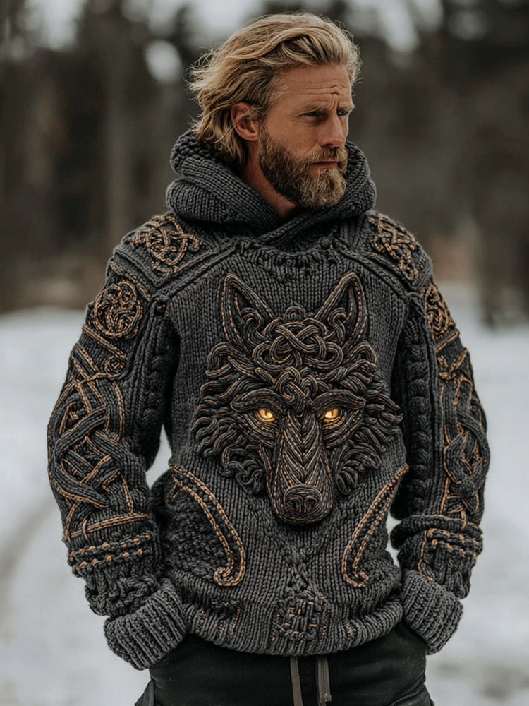 Men's Vintage Viking Celtic Knot Wolf Cozy Knit Hooded Sweater