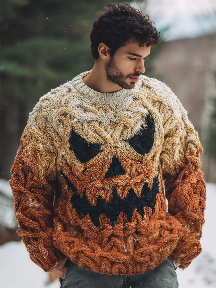 Halloween Evil Pumpkin Light Emoji Men's Chunky Knit Crew Neck Sweater