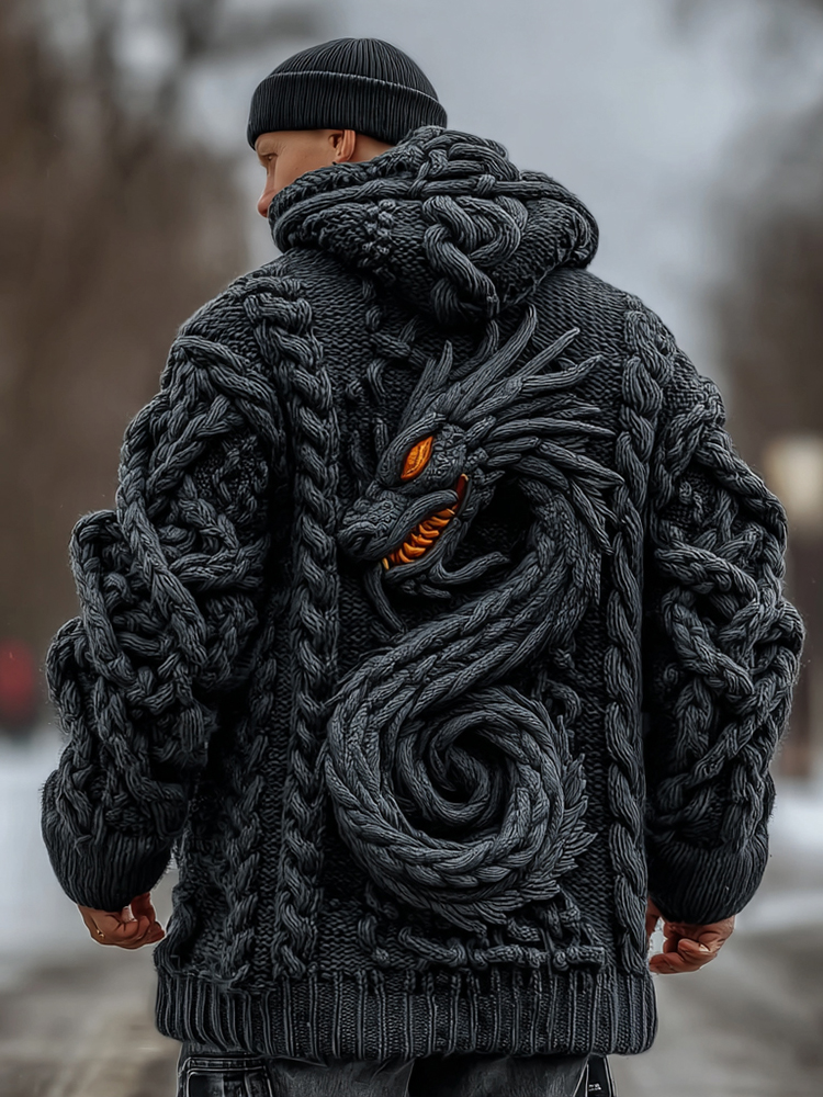 Men's Viking Celtic Dragon Knit Long Zip Hooded Sweater