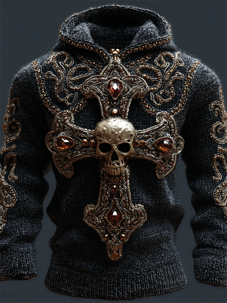 Men's Skull Cross Jewel Art Celtic Cozy Chunky Hooded Sweater