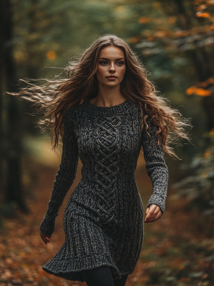 Women's Vintage Celtic Knot Pattern Cozy Knit Mini Sweater Dress