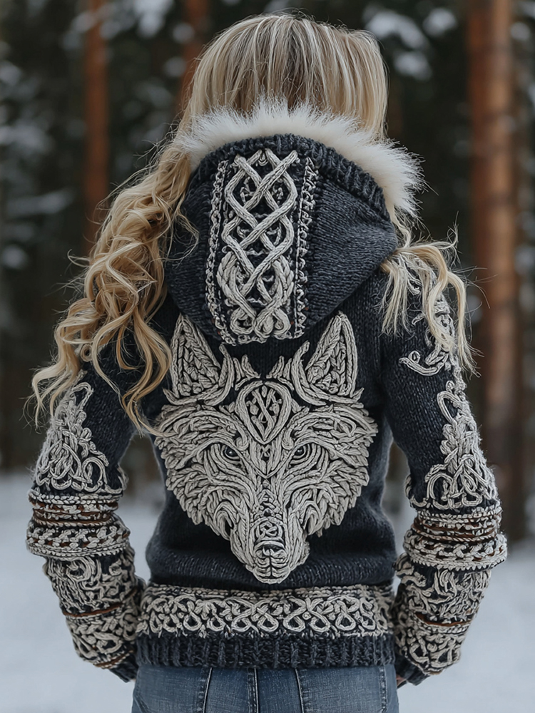 Women's Retro Viking Wolf Jacquard Hooded Knit Sweater Jacket