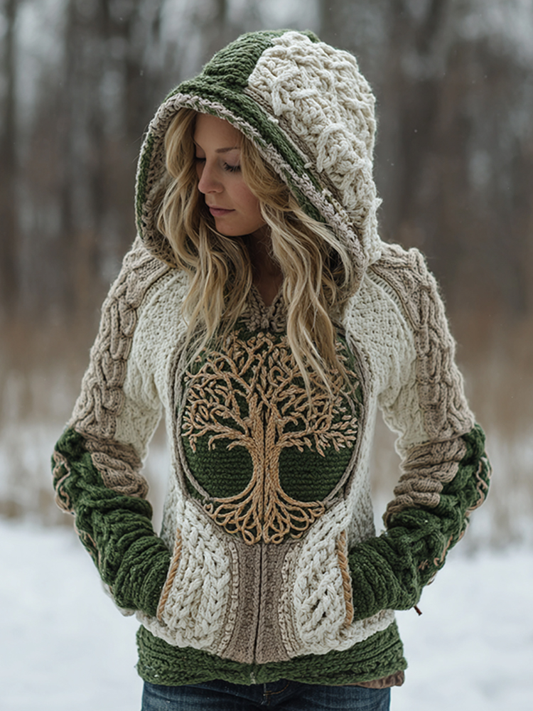 Women's Vintage Tree Of Life Celtic Knot Pattern Cozy Knit Zip Up Hooded Sweater