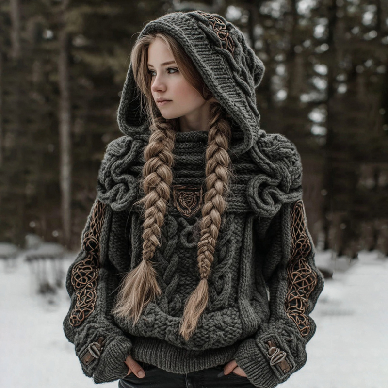Women's Vintage Celtic Knot Art Knit Cozy Hooded Sweater