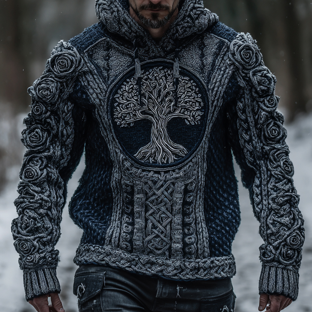 Men's Viking Tribal Jacquard Celtic With Rose And Tree Of Life Inspired Chunky Knit Hooded Sweater