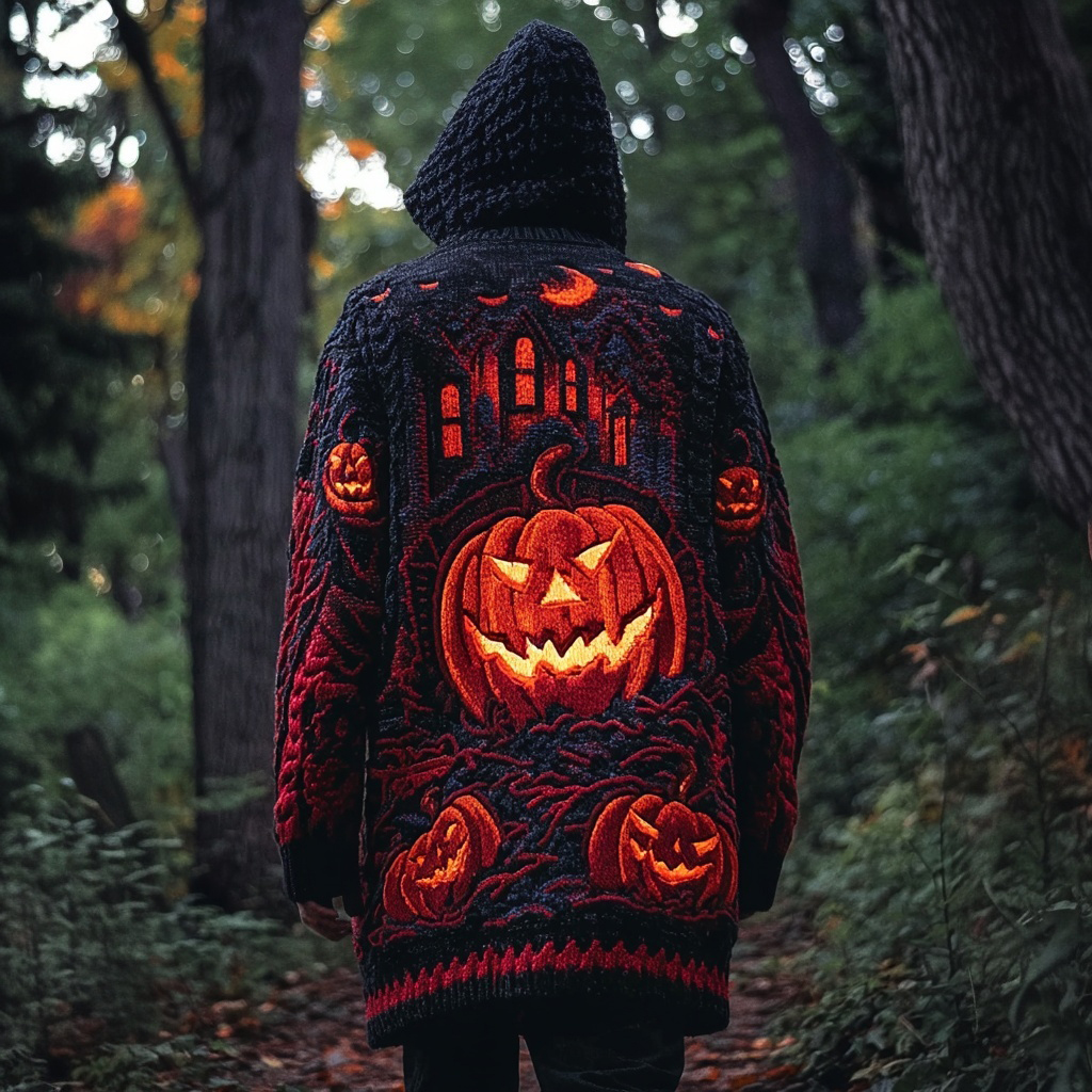 Men's Halloween Pumpkin Inspired Cozy Hooded Cardigan