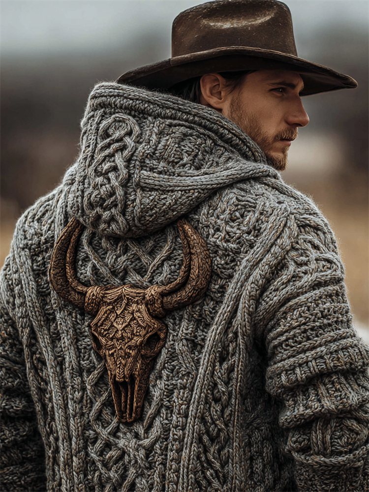 Men's Vintage Bull Skull Celtic Chunky Cozy Knit Hooded Cardigan