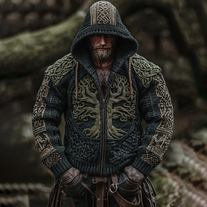 Men's Viking Tree Of Life Celtic Art Knit Hooded Zip-up Sweater