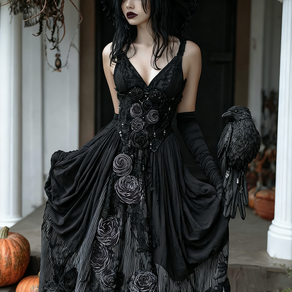Halloween Dark Crow Witch Design Women Cotton And Linen Dress