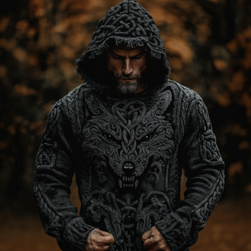 Men's Vintage Viking Wolf Embroidered Hooded Sweater