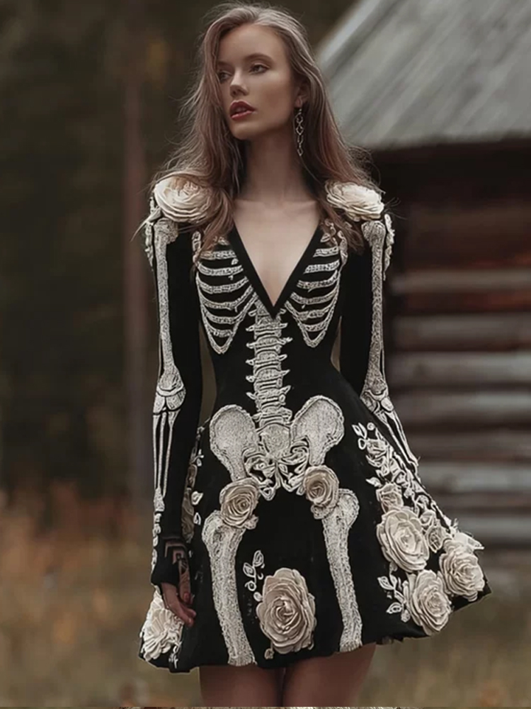 Halloween Anatomy Gothic V-neck Long Sleeved Dress