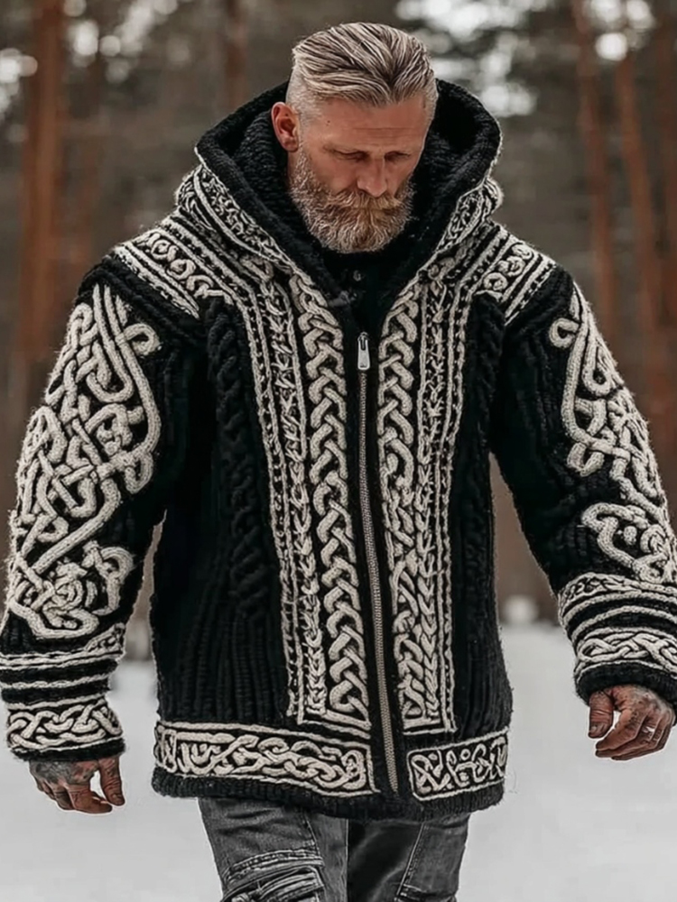 Men's Vintage Viking Celtic Knot Art Chunky Knit Hooded Zip-up Sweater