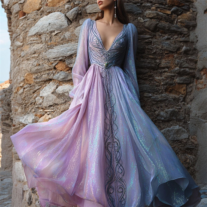 Elegant Opal Inspired Glitter Celtic Flowy Maxi Dress