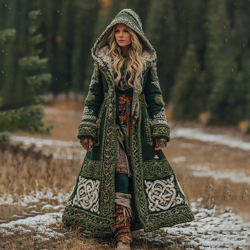 Women's Viking Celtic Knot Jacquard Color Block Art Hooded Knit Cardigan