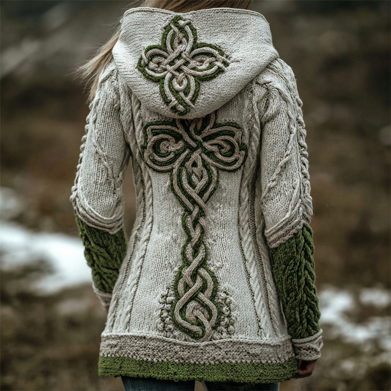Shamrock Celtic Cross Celtic Knot Chunky Cozy Hooded Cardigan