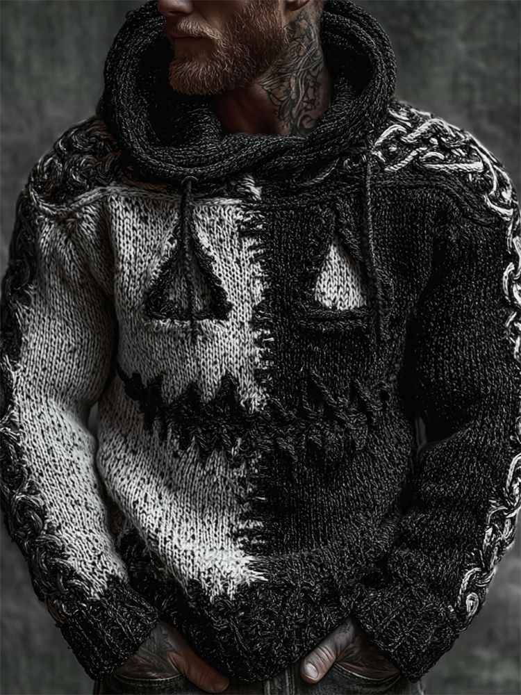 Men's Halloween Pumpkin Face Contrast Stitched Cozy Knit Hooded Sweater