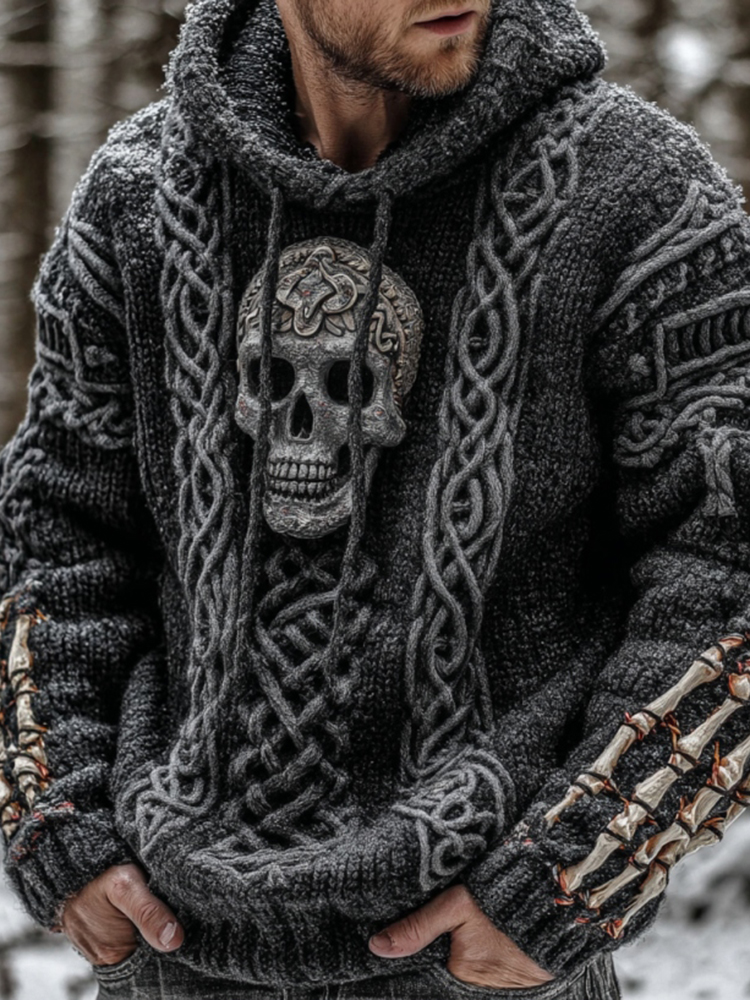 Halloween Celtic Knot Skeleton Tribal Art Jacquard Knitted Hooded Sweater
