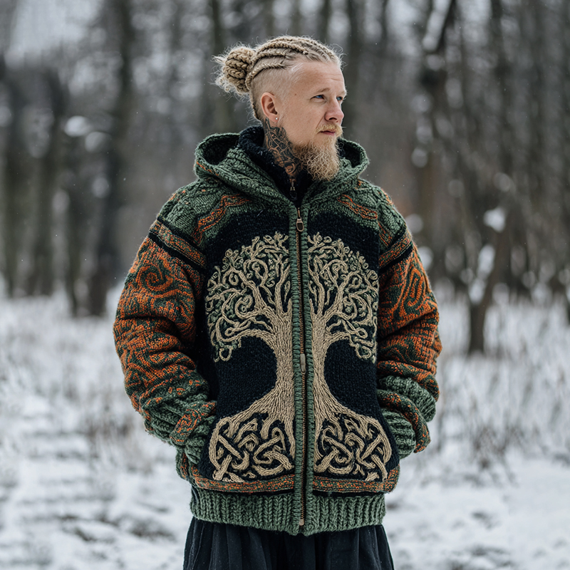 Men's Vintage Viking Celtic Knot Tree Of Life Knit Zip Up Hooded Sweater