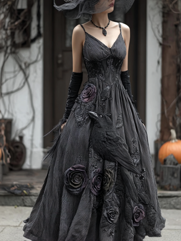 Halloween Dark Crow Witch Design Women Cotton And Linen Dress