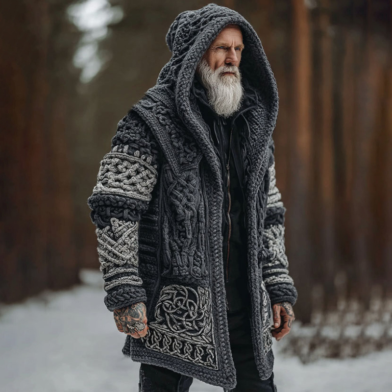 Men's Viking Celtic Knot Contrast Jacquard Cozy Midi Cardigan Sweater