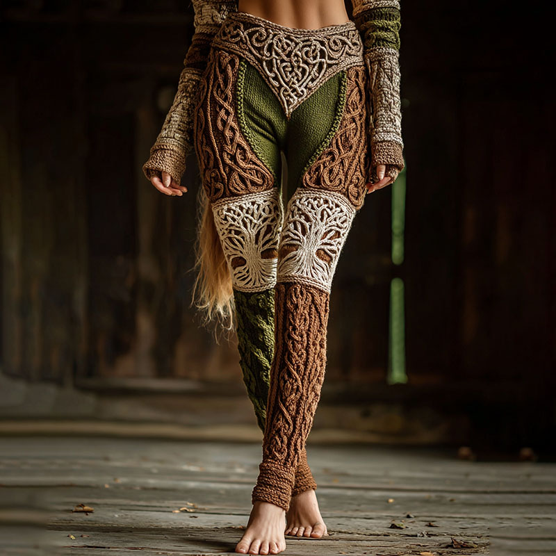 Women's Retro Viking Celtic Knot Rune Contrast Print Knit Leggings