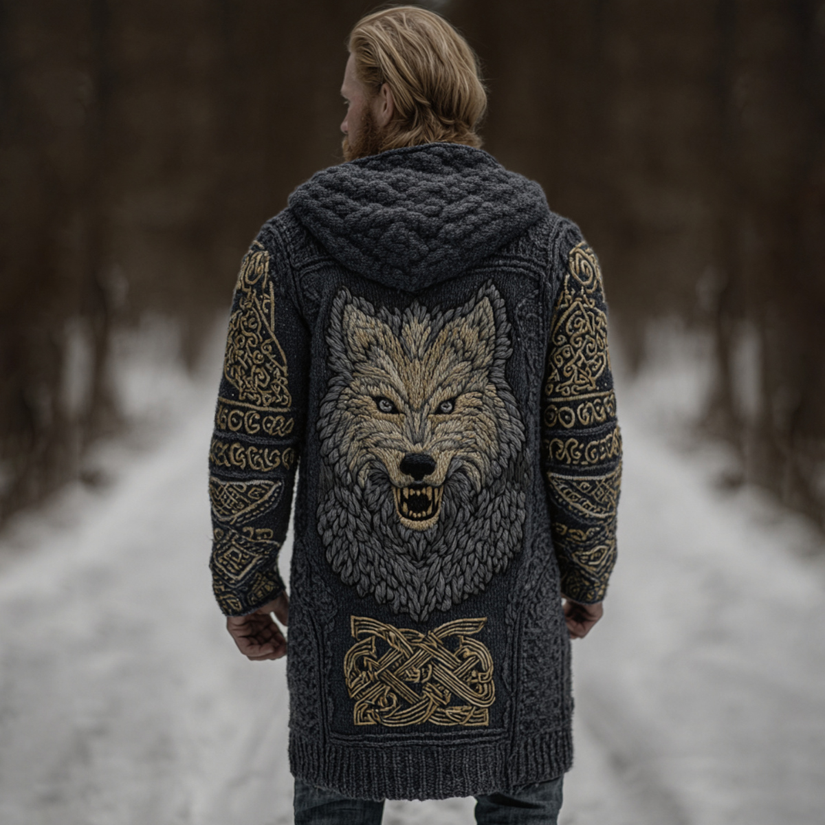 Men's Viking Style Celtic Knot Wolf Head Pocket Midi Cardigan