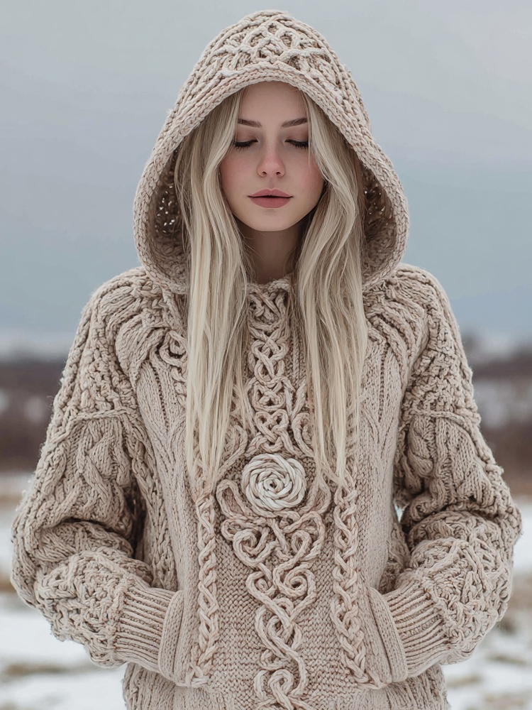 Vintage Viking Inspired Rose Knit Chunky Hooded Sweater