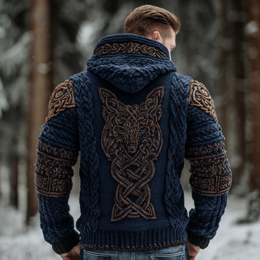Men's Vintage Viking Wolf Celtic Knot Art Chunky Knit Hooded Zip-up Sweater
