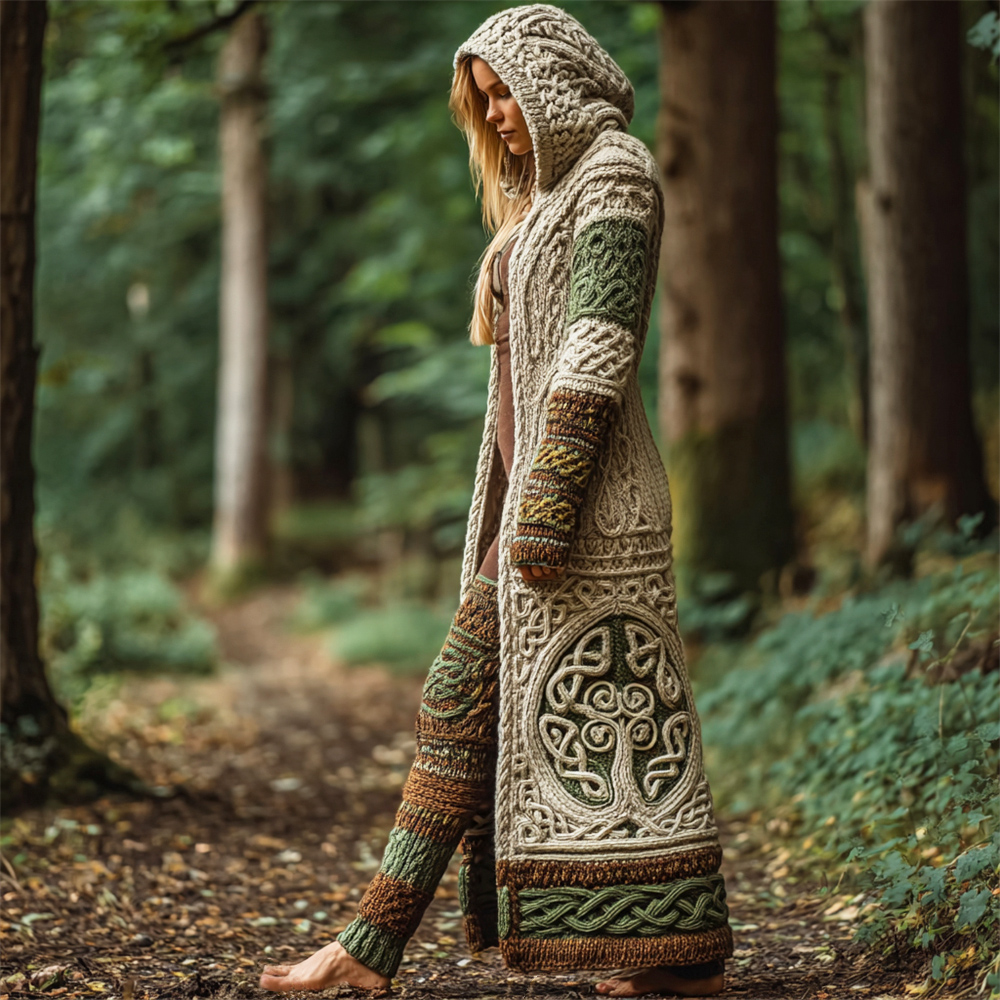 Celtic Tree Irish Art Women's Hooded Knit Long Cardigan
