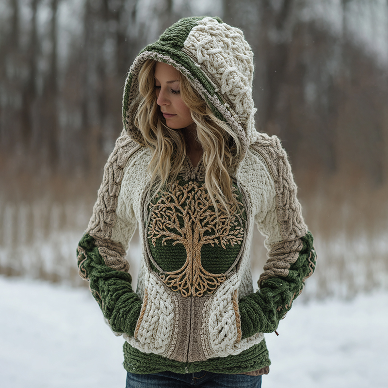 Women's Vintage Tree Of Life Celtic Knot Pattern Cozy Knit Zip Up Hooded Sweater