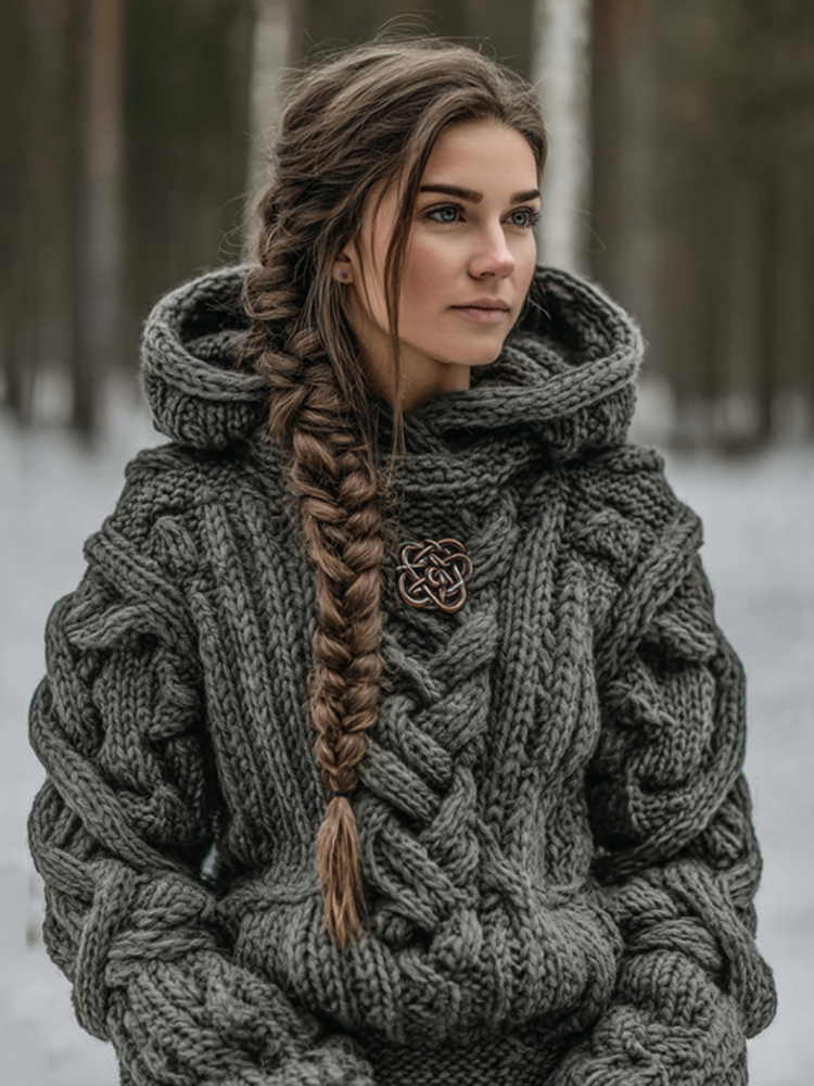 Women's Vintage Celtic Knot Art Knit Aran Hooded Sweater
