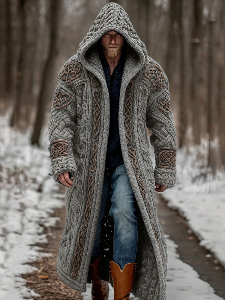 Men's Viking Celtic Knot Art Pocket Mid-length Cardigan Sweater