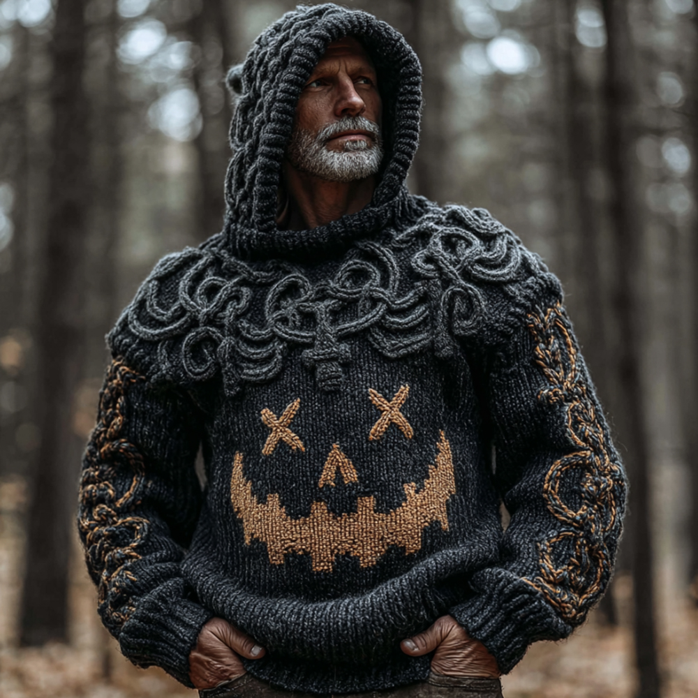 Men's Halloween Pumpkin Smiley Face Vintage Embroidery Hooded Sweater
