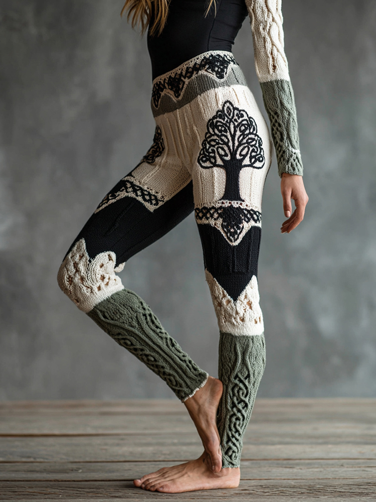 Vintage Viking Tree Of Life Celtic Knot Art Knit Jacquard Cozy Leggings