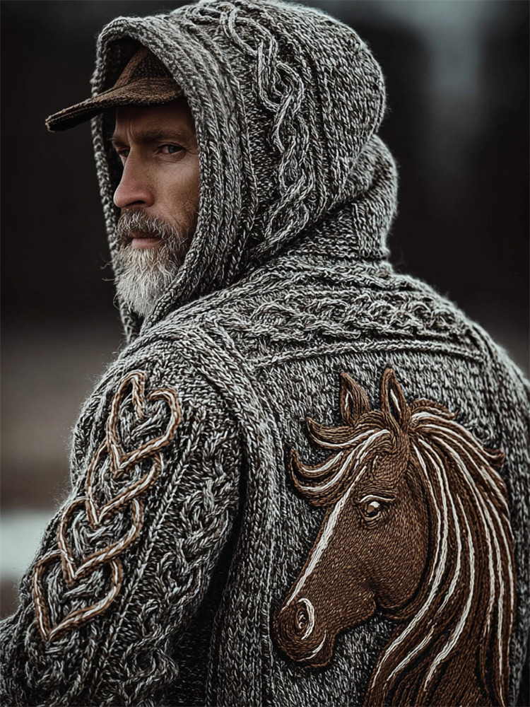 Men's Vintage Horse Crochet Celtic Cozy Knit Hooded Sweater