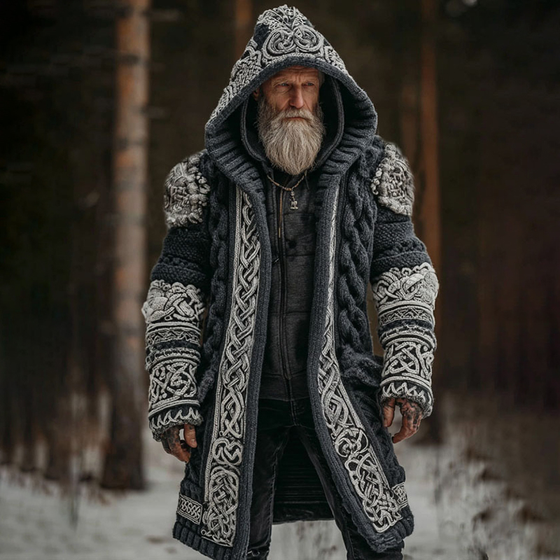 Men's Viking Celtic Knot Contrast Cozy Midi Cardigan Sweater