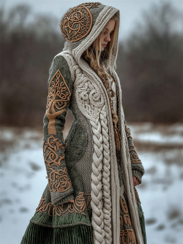 Viking Totem Tree Of Life Celtic Chunky Hooded Long Cardigan