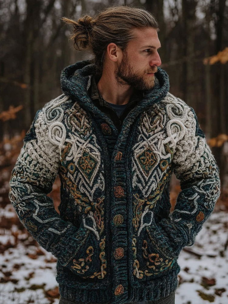 Men's Vintage Viking Gradient Art Jacquard Knitted Cozy Hooded Cardigan