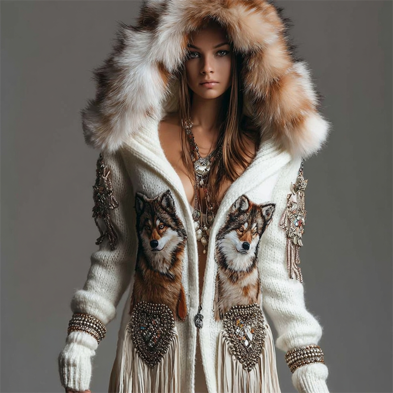 Vintage Western Wolf Ethnic Tassels Fur Trim Cozy Hooded Cardigan