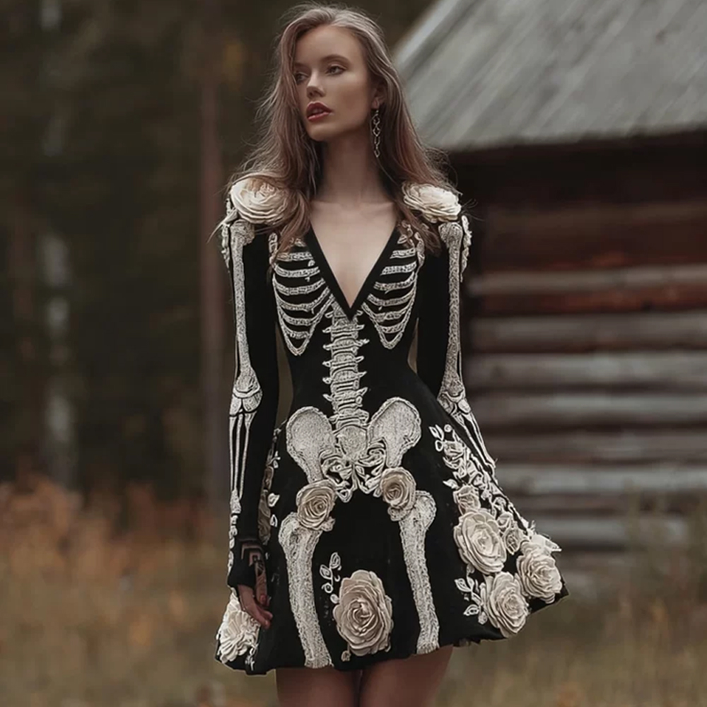 Halloween Anatomy Gothic V-neck Long Sleeved Dress