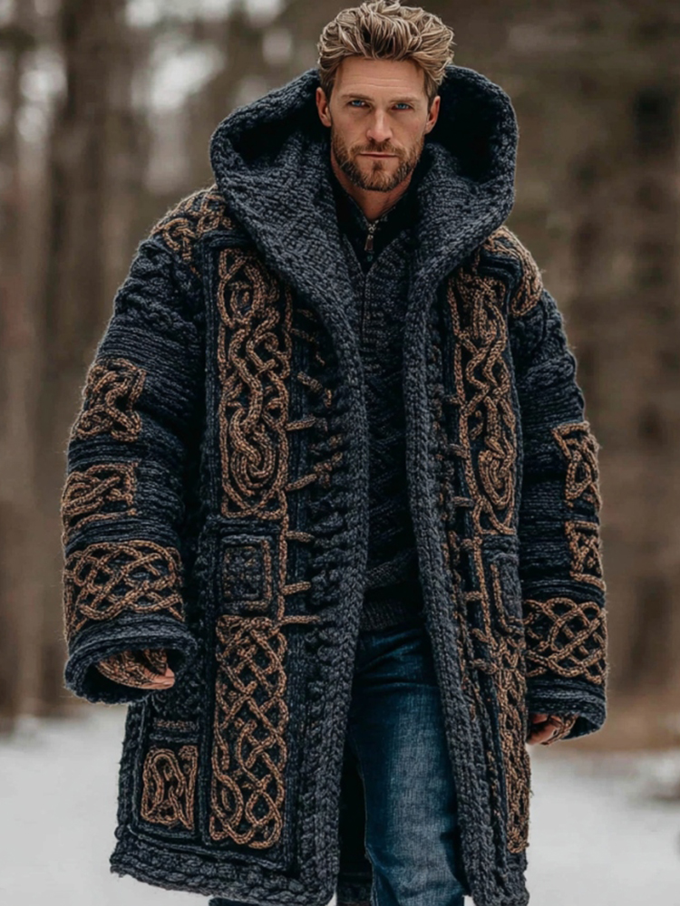 Men's Retro Celtic Knot Hooded Mid-length Cardigan Sweater