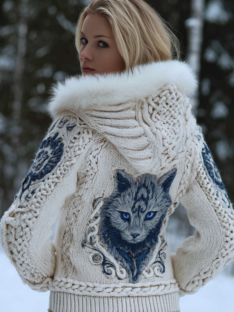 Viking Retro Style Cat Embroidery Pattern Women's Knit Hooded Sweater Jacket