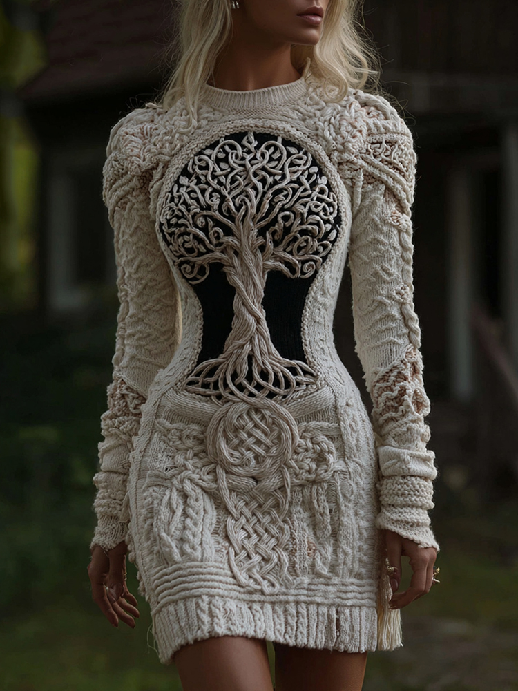 Women's Viking Celtic Tree Of Life With Rose Art Cozy Knit Mini Sweater Dress