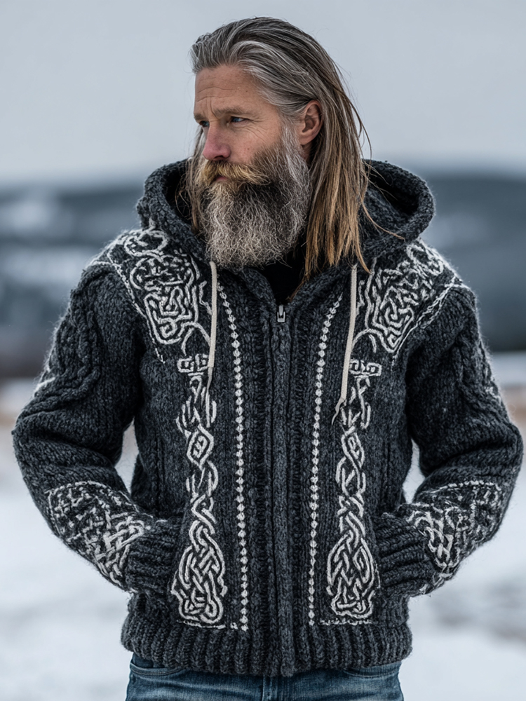 Men's Celtic Knot Chunky Knit Zip-up Hooded Sweater
