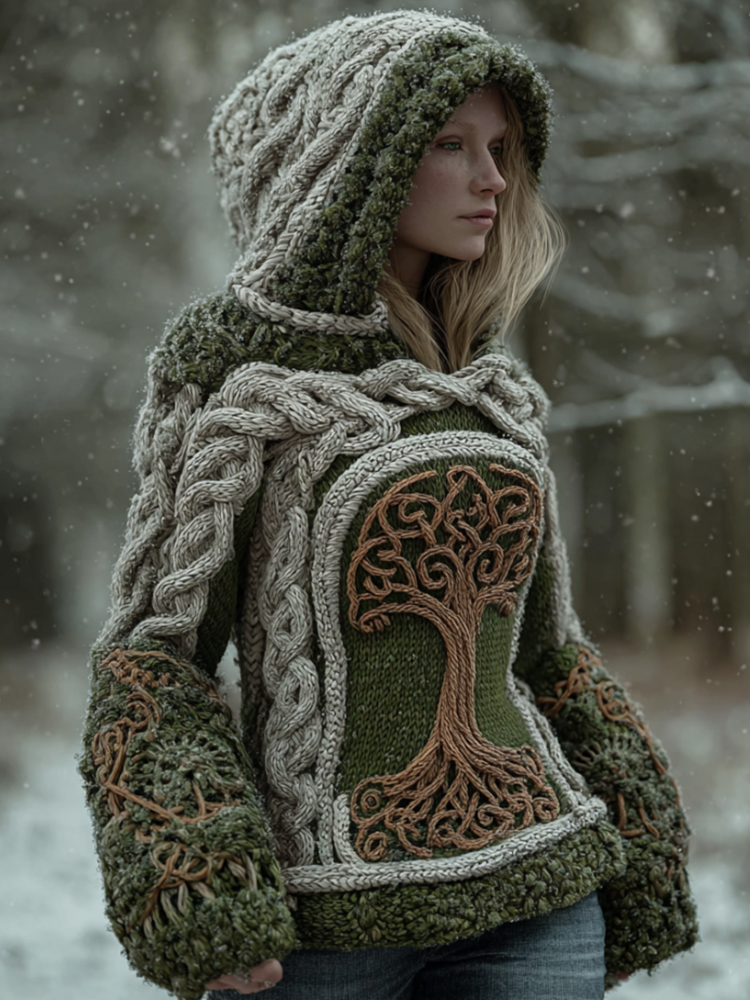 Women Viking Style Kai Tree Of Life Totem Coarse Needle Hooded Thick Sweater