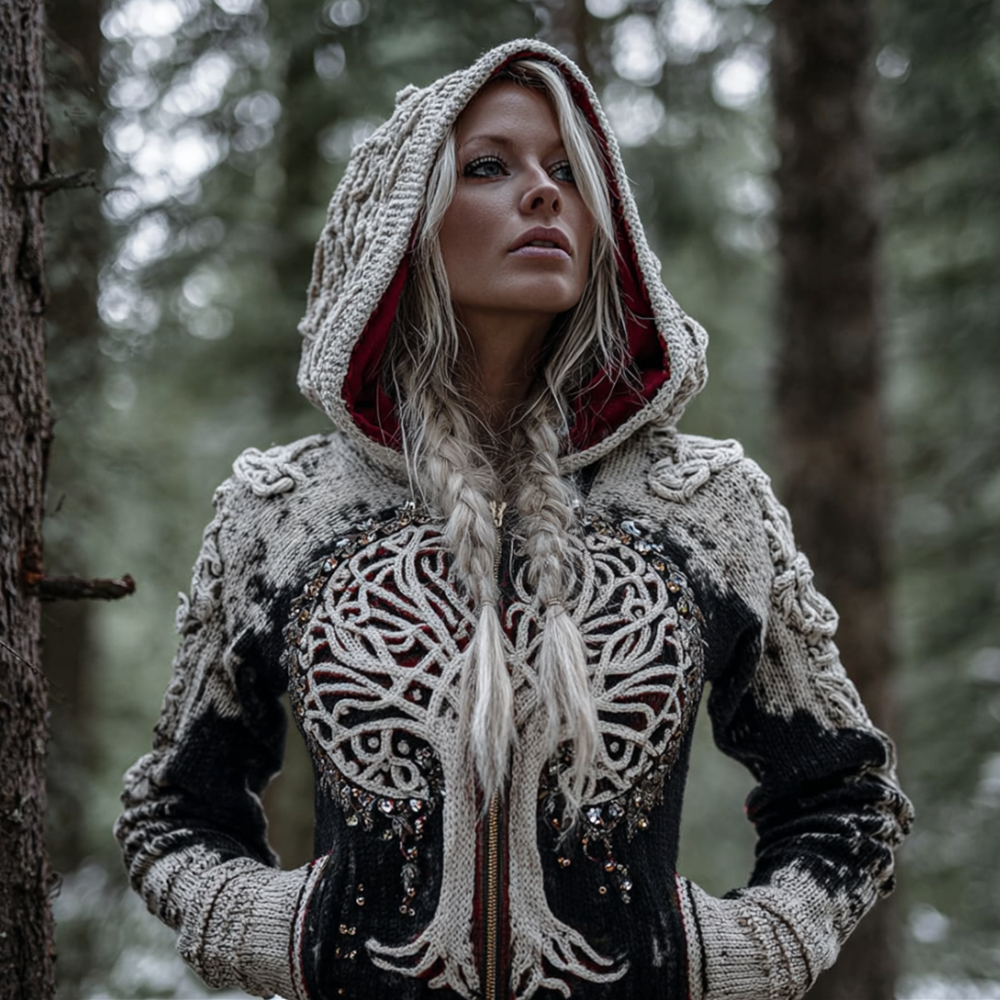 Women's Viking Style Tree Of Life Warm Cardigan Sweater